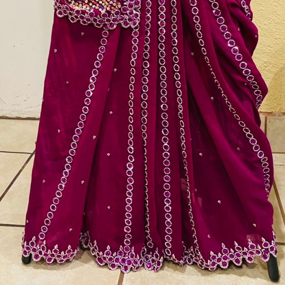 Full bead work and ready made pleats saree,with blouse ,color purple